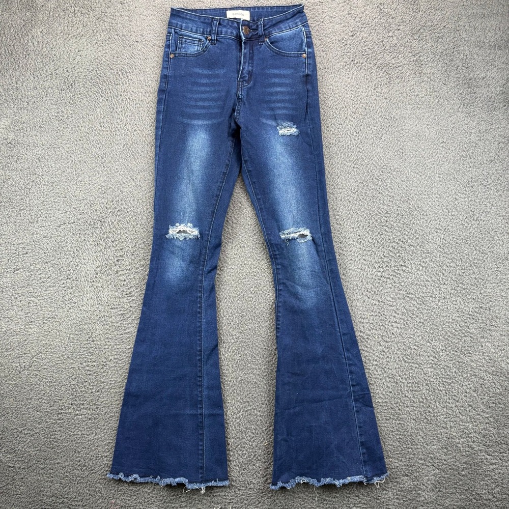 Bamboo Womens Size 0 Distressed Flare Jeans Dark Wash Raw Hem Bell‎ Bottoms